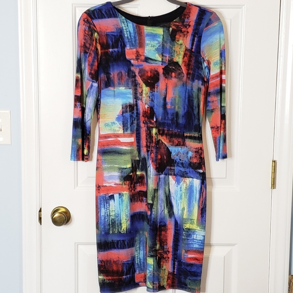 Karen Kane Dress Bodycon Abstract Cocktail Art 2 Wear 3/4 Sleeves Professional M